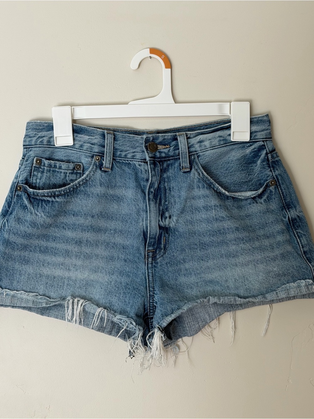 Pistola Distressed High-Rise Denim Shorts in Light Blue